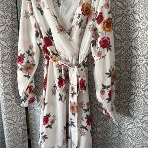 SHEIN White Floral Wrap Dress with Red & Mustard Flowers